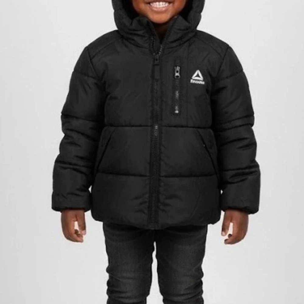 Kids Black Reebok Puffer Jacket Hooded Sherpa‎ Lined Winter Warm Coat